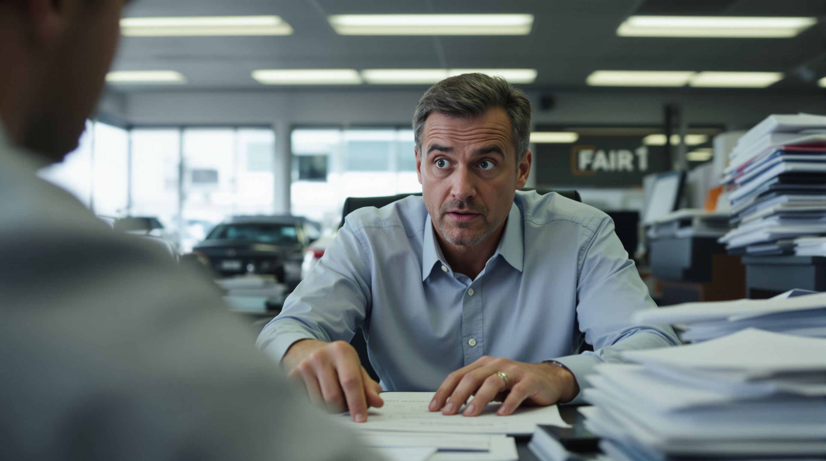 Frustrated person waiting at a car dealership